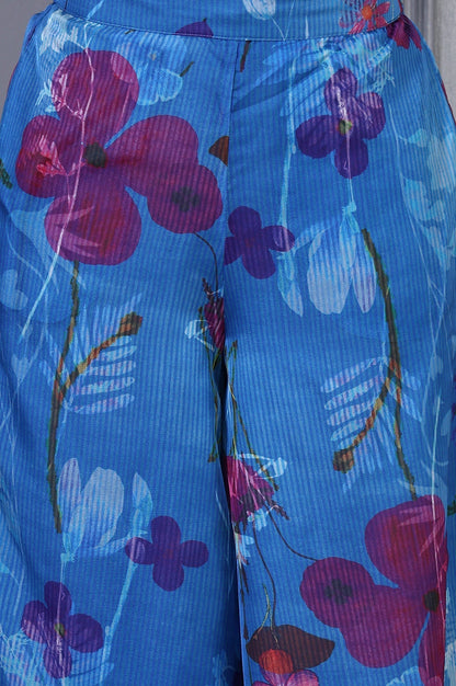 W for Woman Blue Floral Printed Lace Straight Sheer Kurta, Crop Top and Pants Set