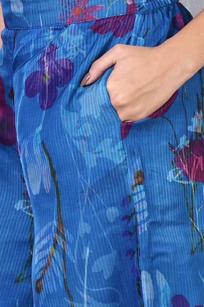 W for Woman Blue Floral Printed Lace Straight Sheer Kurta, Crop Top and Pants Set