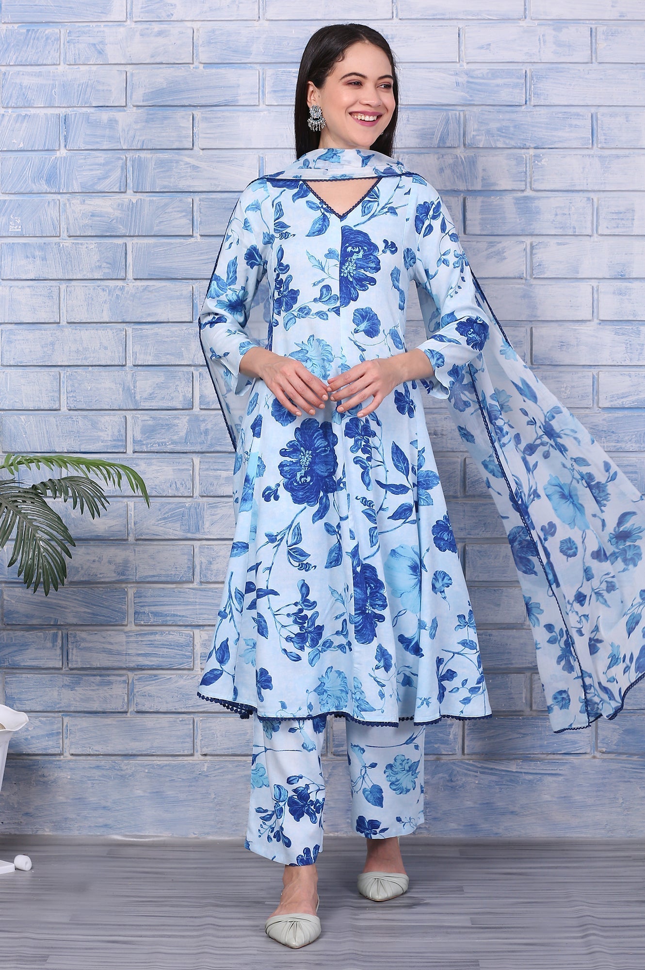 W for Woman Blue Floral Printed Rayon Lace Flared Kurta, Pants and Dupatta Set