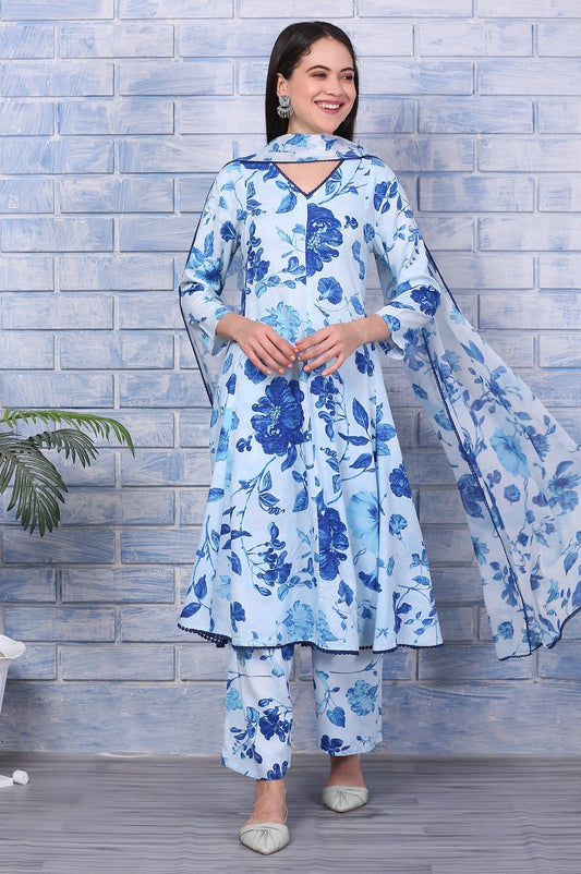 W for Woman Blue Floral Printed Rayon Lace Flared Kurta, Pants and Dupatta Set