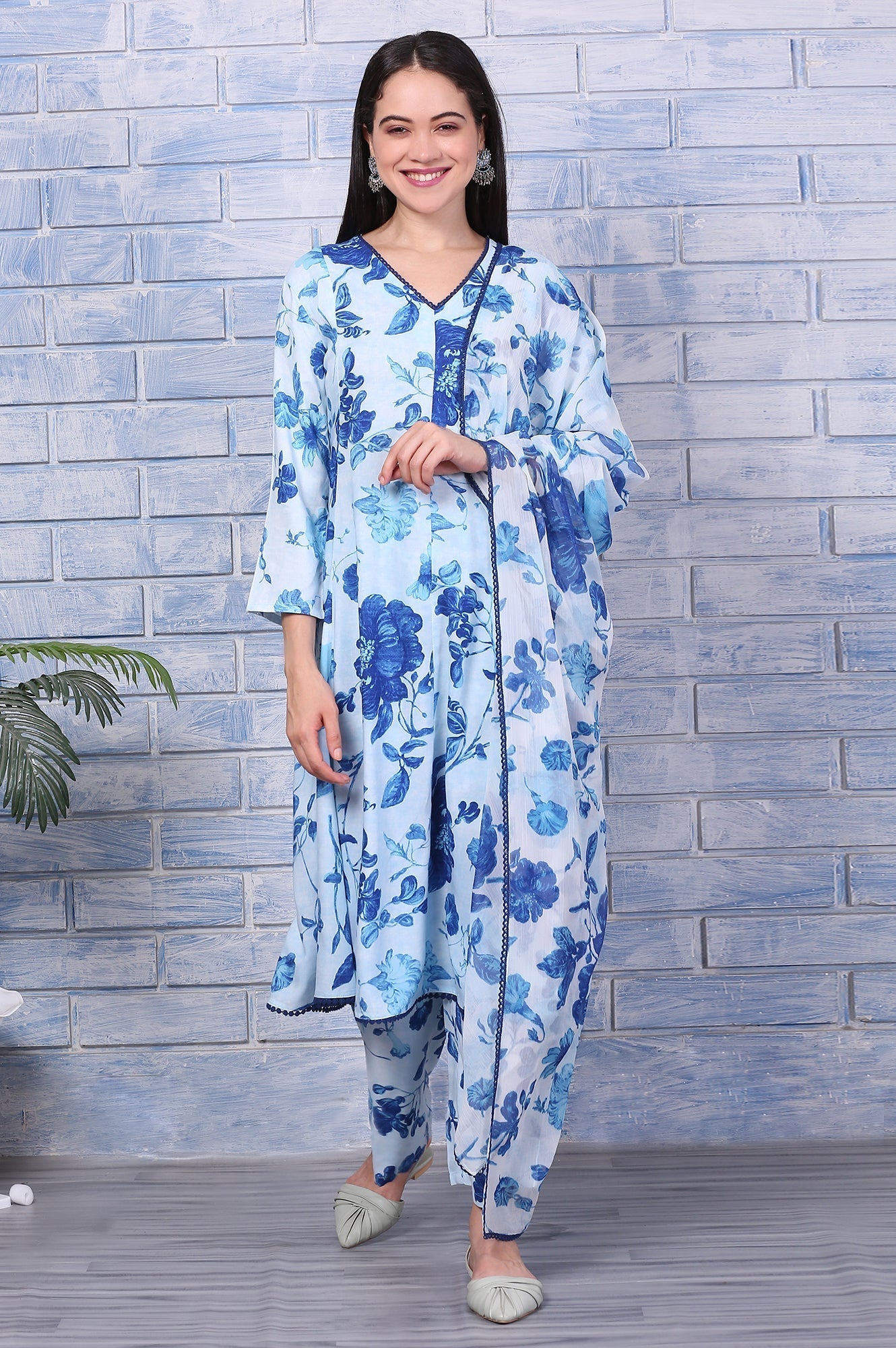 W for Woman Blue Floral Printed Rayon Lace Flared Kurta, Pants and Dupatta Set