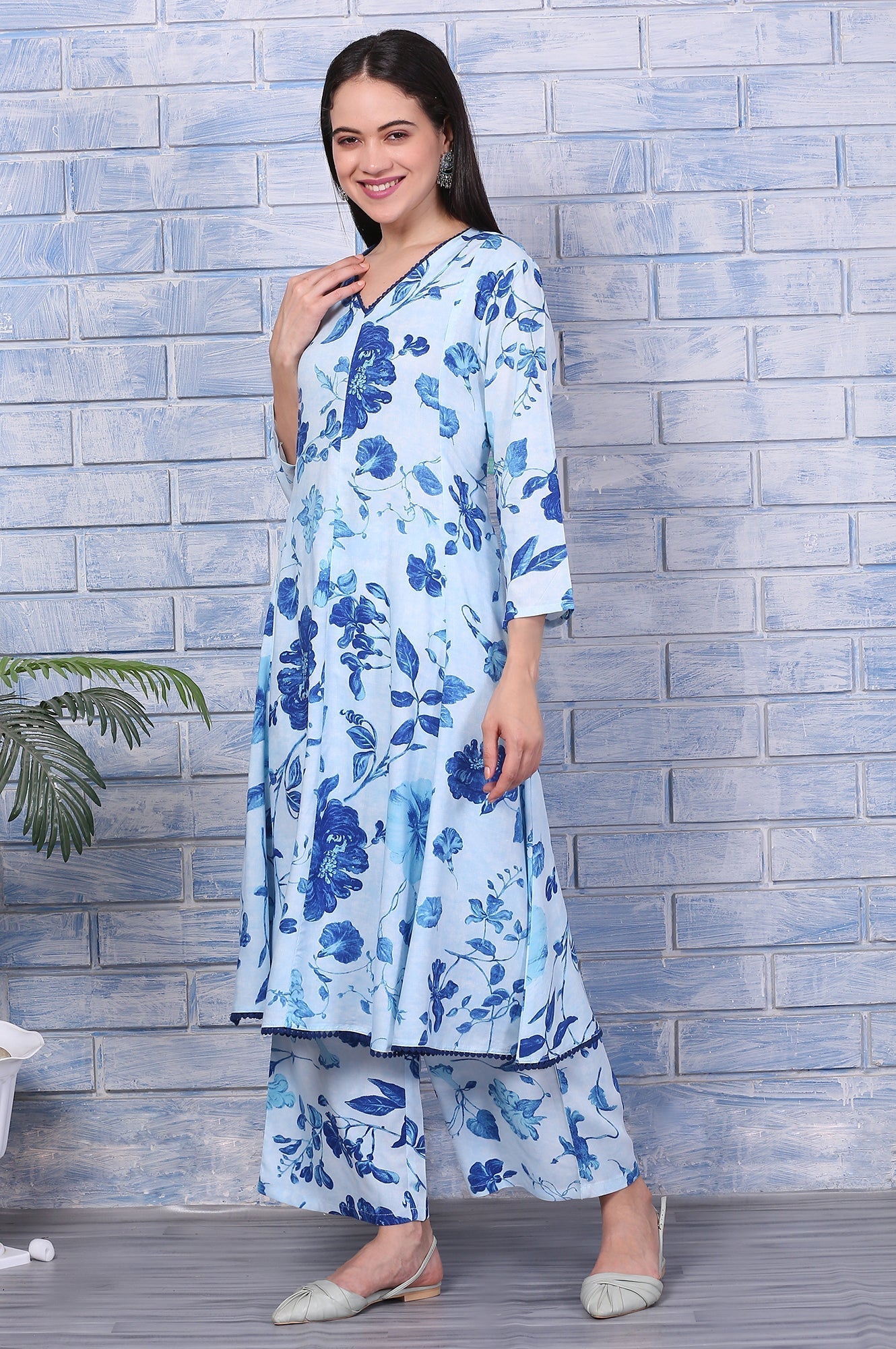 W for Woman Blue Floral Printed Rayon Lace Flared Kurta, Pants and Dupatta Set