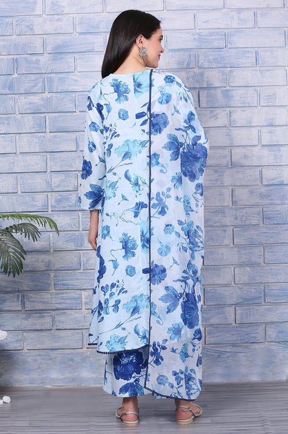 W for Woman Blue Floral Printed Rayon Lace Flared Kurta, Pants and Dupatta Set