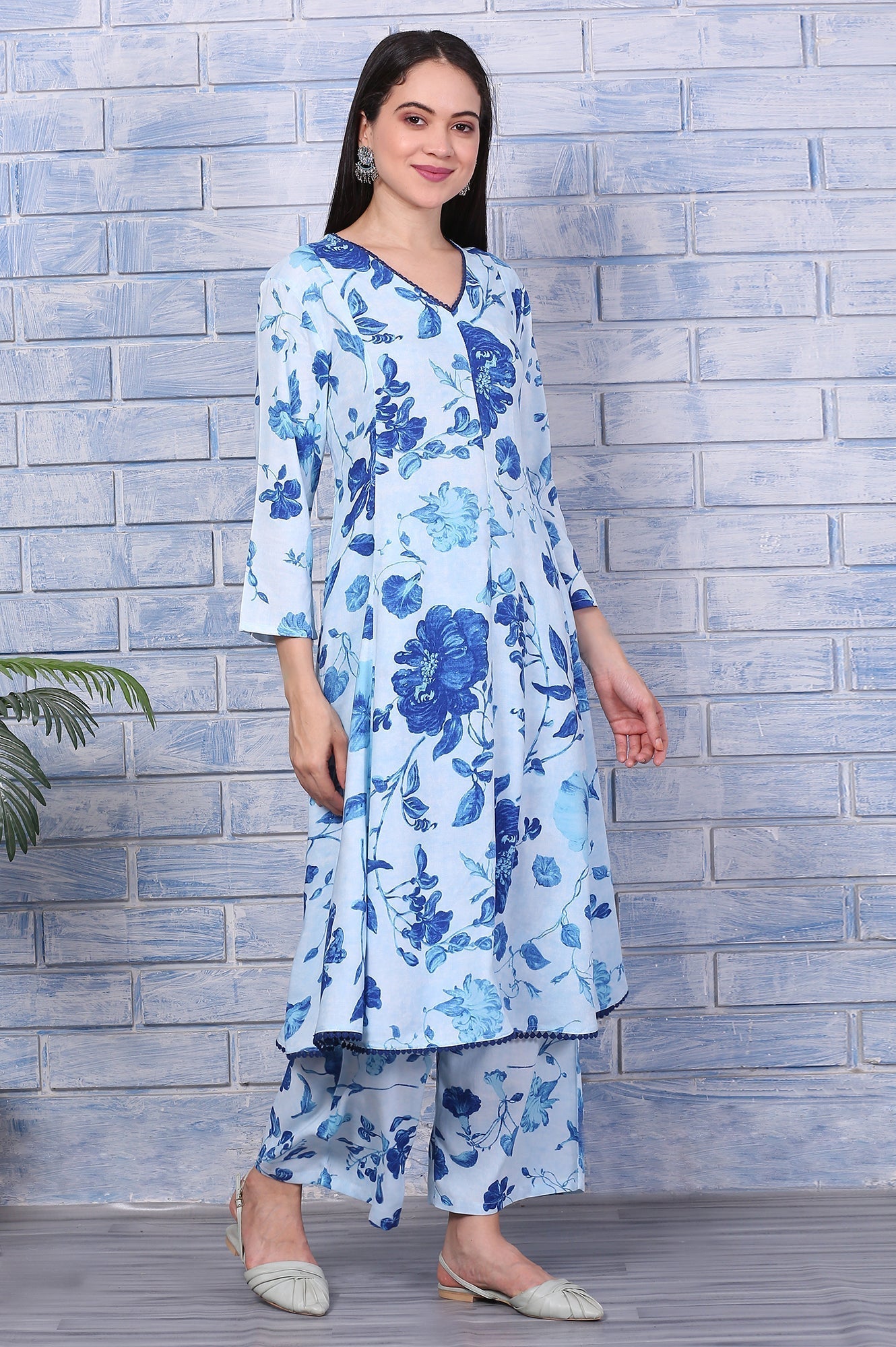 W for Woman Blue Floral Printed Rayon Lace Flared Kurta, Pants and Dupatta Set