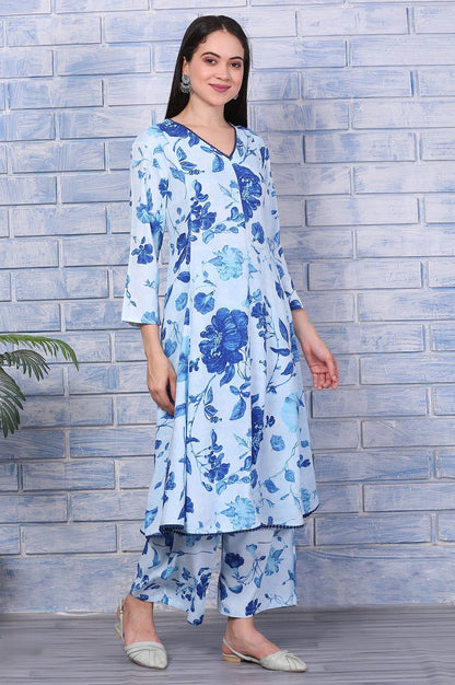 W for Woman Blue Floral Printed Rayon Lace Flared Kurta, Pants and Dupatta Set
