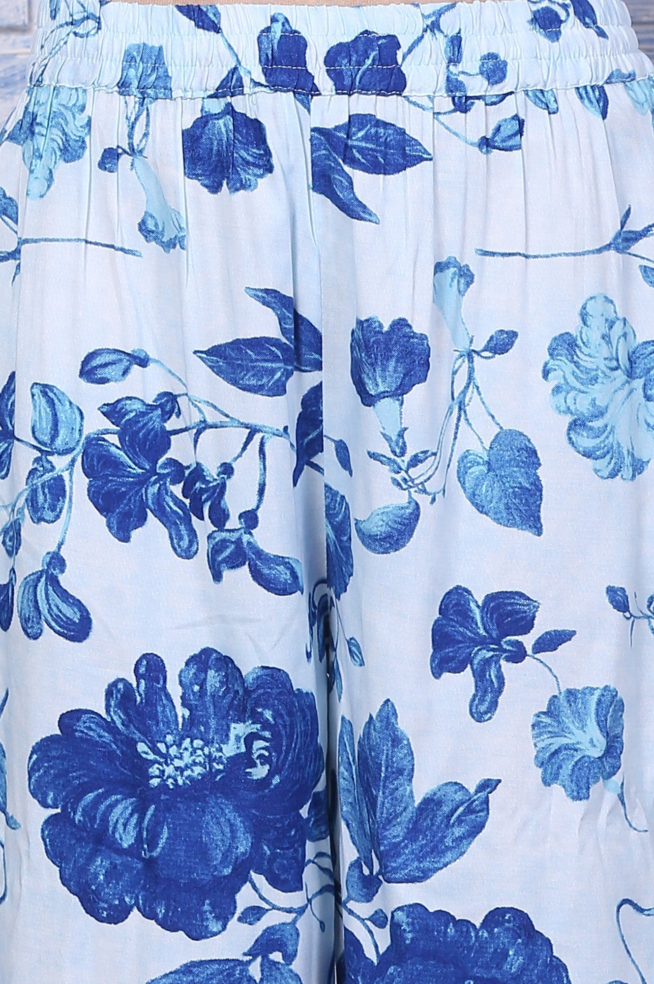 W for Woman Blue Floral Printed Rayon Lace Flared Kurta, Pants and Dupatta Set