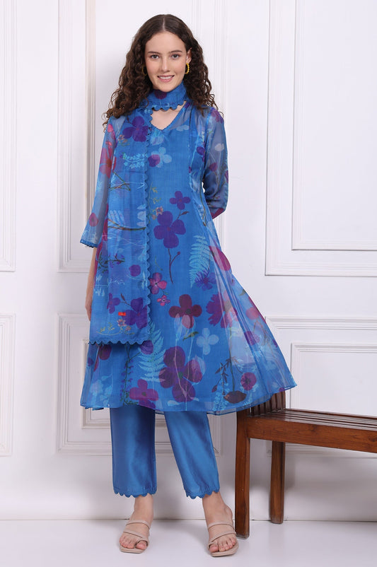 W for Woman Blue Floral Printed Organza Flared Kurta, Pants and Dupatta Set
