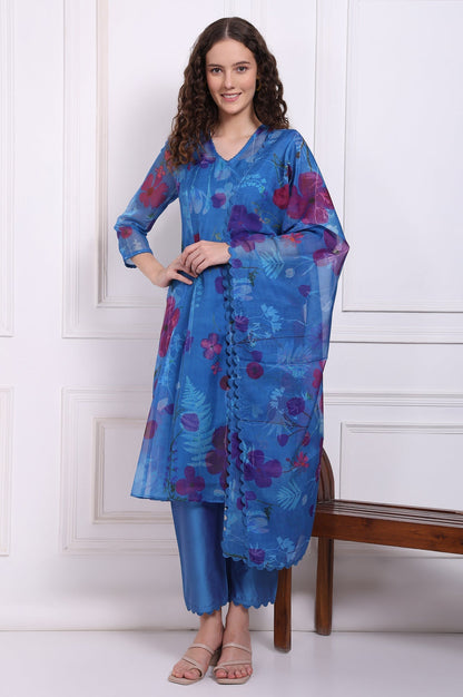W for Woman Blue Floral Printed Organza Flared Kurta, Pants and Dupatta Set
