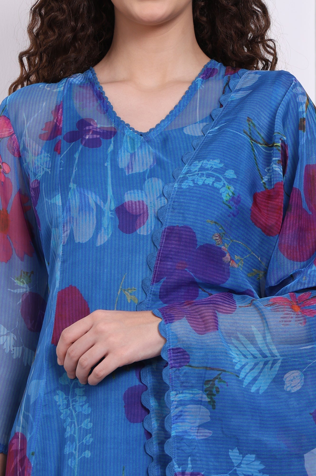 W for Woman Blue Floral Printed Organza Flared Kurta, Pants and Dupatta Set