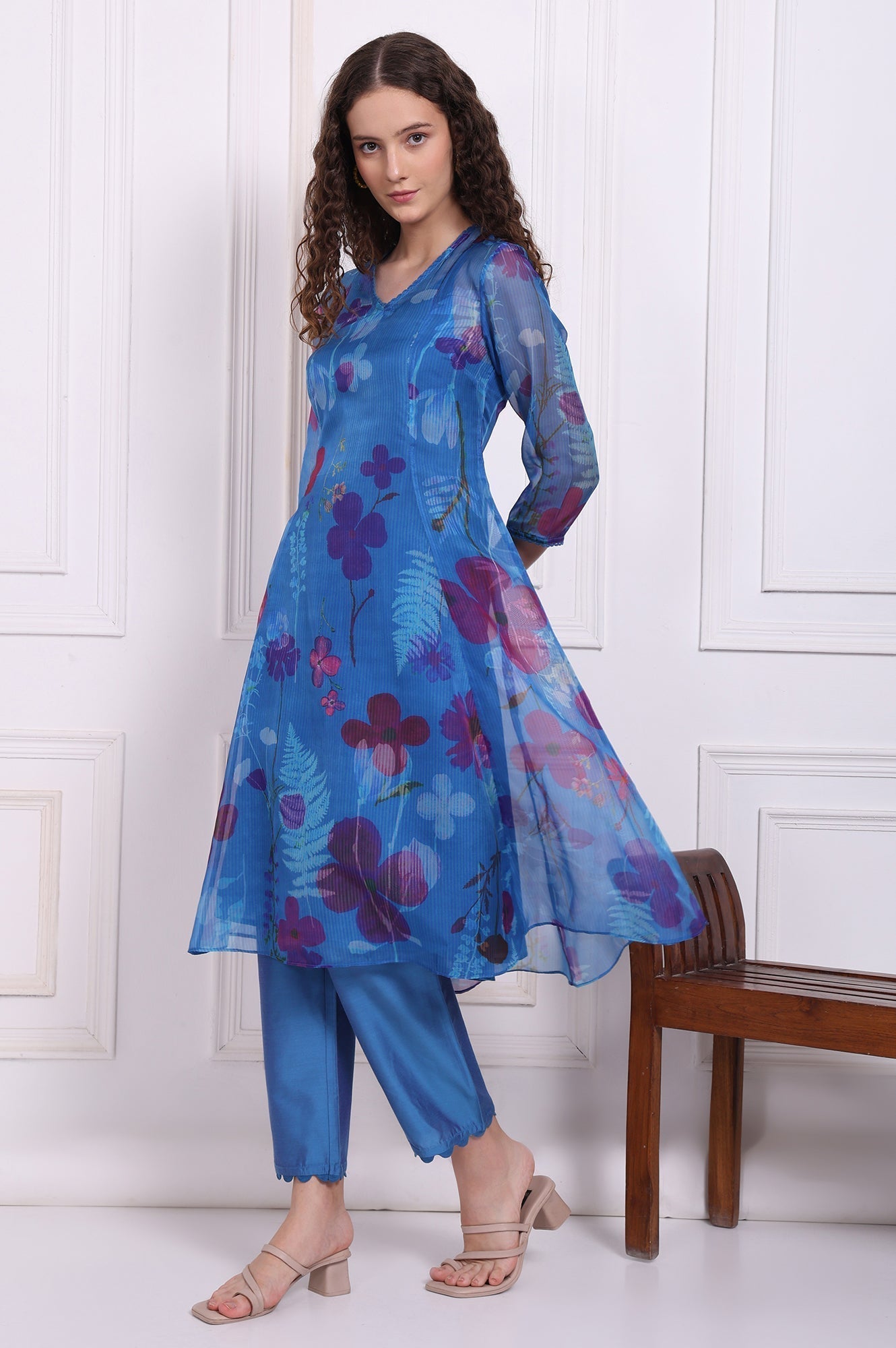 W for Woman Blue Floral Printed Organza Flared Kurta, Pants and Dupatta Set