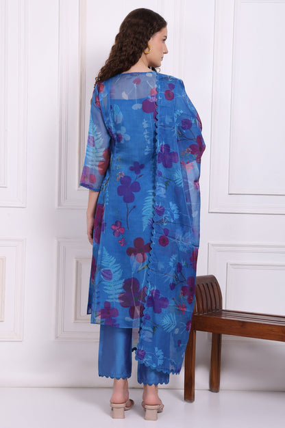 W for Woman Blue Floral Printed Organza Flared Kurta, Pants and Dupatta Set