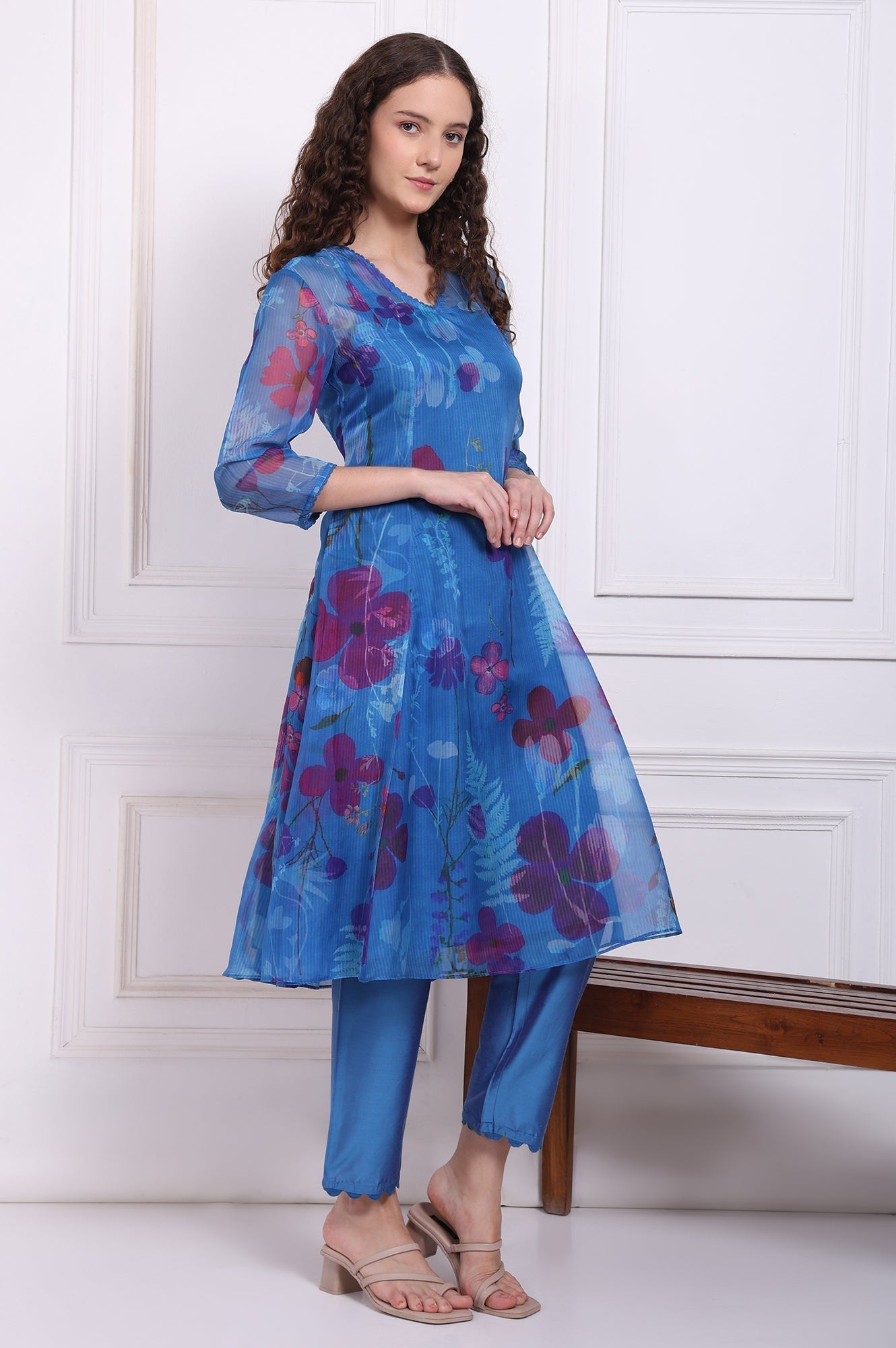 W for Woman Blue Floral Printed Organza Flared Kurta, Pants and Dupatta Set