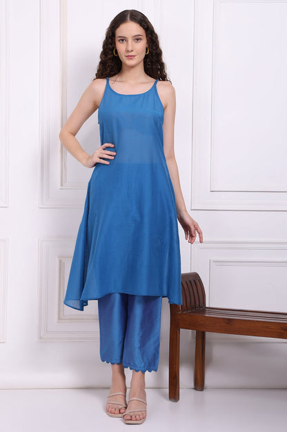 W for Woman Blue Floral Printed Organza Flared Kurta, Pants and Dupatta Set