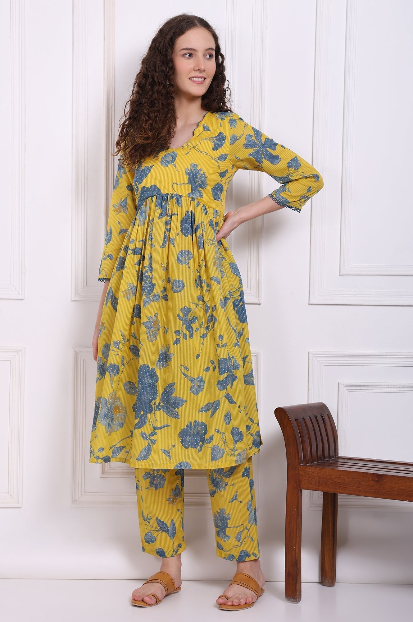 W for Woman Yellow Bold Floral Printed Pure Cotton Flared Kurta and Pants Co-ord Set
