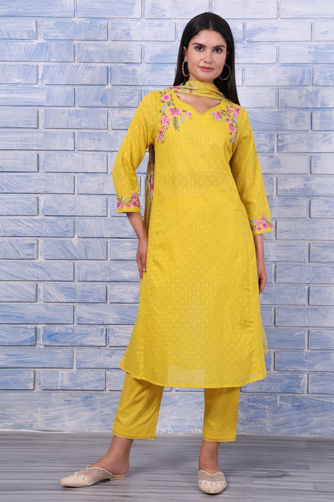 W for Woman Yellow Polka Printed Thread Embroidered Cotton Dot Texture A-Line Kurta, Straight Pant And Dupatta Set