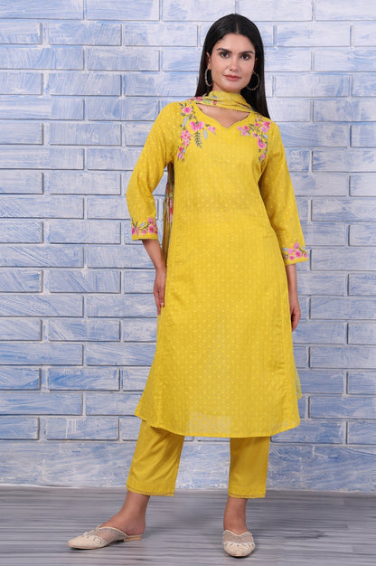 W for Woman Yellow Polka Printed Thread Embroidered Cotton Dot Texture A-Line Kurta, Straight Pant And Dupatta Set