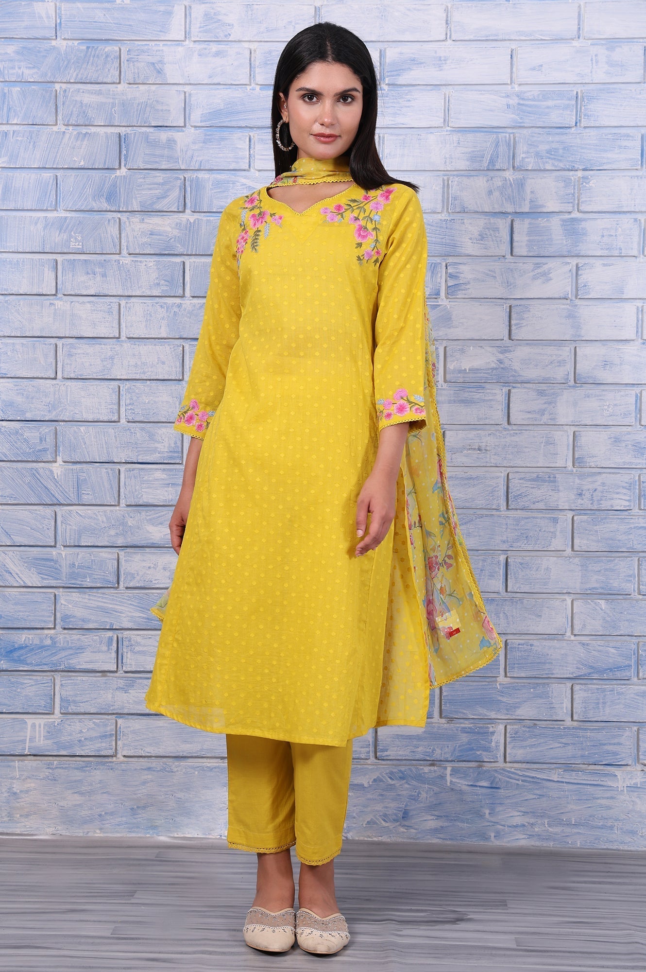 W for Woman Yellow Polka Printed Thread Embroidered Cotton Dot Texture A-Line Kurta, Straight Pant And Dupatta Set