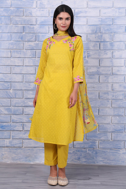 W for Woman Yellow Polka Printed Thread Embroidered Cotton Dot Texture A-Line Kurta, Straight Pant And Dupatta Set