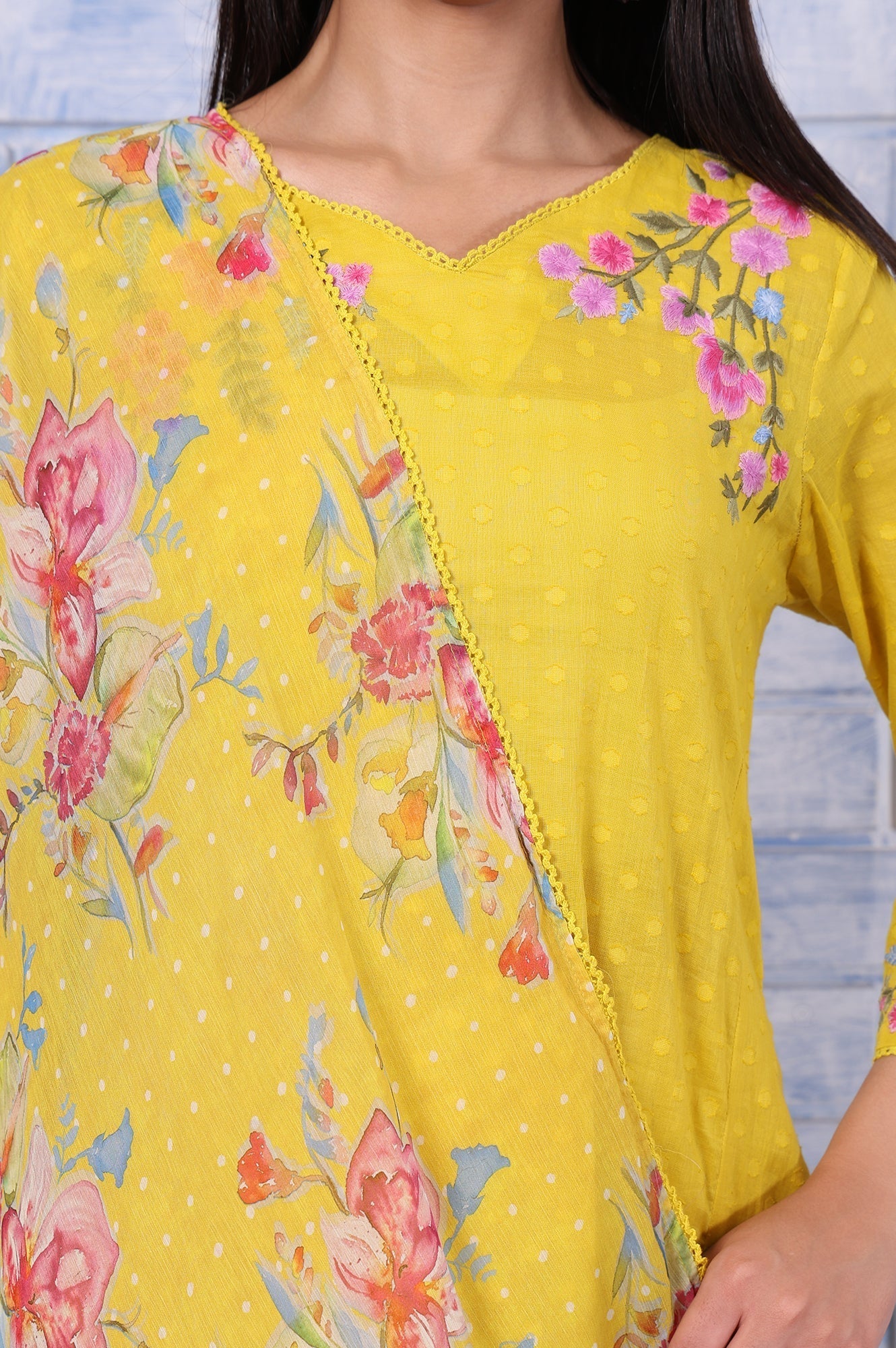 W for Woman Yellow Polka Printed Thread Embroidered Cotton Dot Texture A-Line Kurta, Straight Pant And Dupatta Set