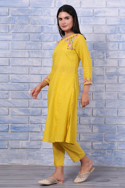 W for Woman Yellow Polka Printed Thread Embroidered Cotton Dot Texture A-Line Kurta, Straight Pant And Dupatta Set