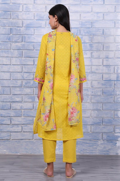 W for Woman Yellow Polka Printed Thread Embroidered Cotton Dot Texture A-Line Kurta, Straight Pant And Dupatta Set