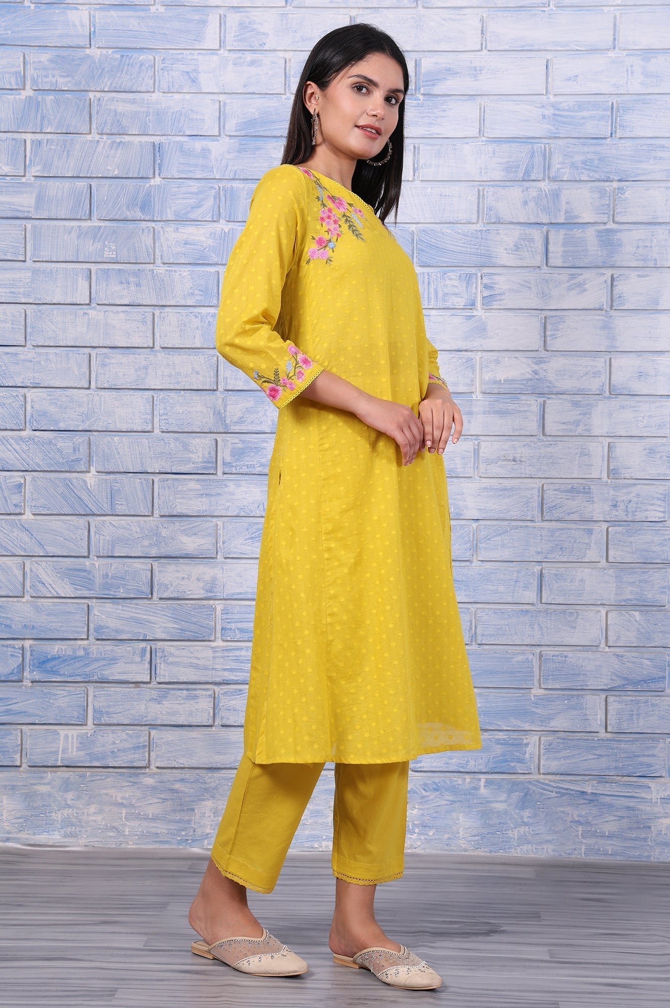 W for Woman Yellow Polka Printed Thread Embroidered Cotton Dot Texture A-Line Kurta, Straight Pant And Dupatta Set