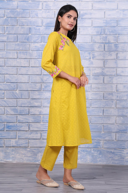 W for Woman Yellow Polka Printed Thread Embroidered Cotton Dot Texture A-Line Kurta, Straight Pant And Dupatta Set