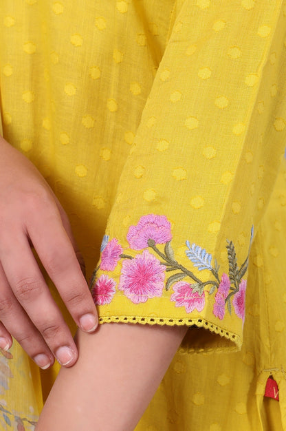 W for Woman Yellow Polka Printed Thread Embroidered Cotton Dot Texture A-Line Kurta, Straight Pant And Dupatta Set