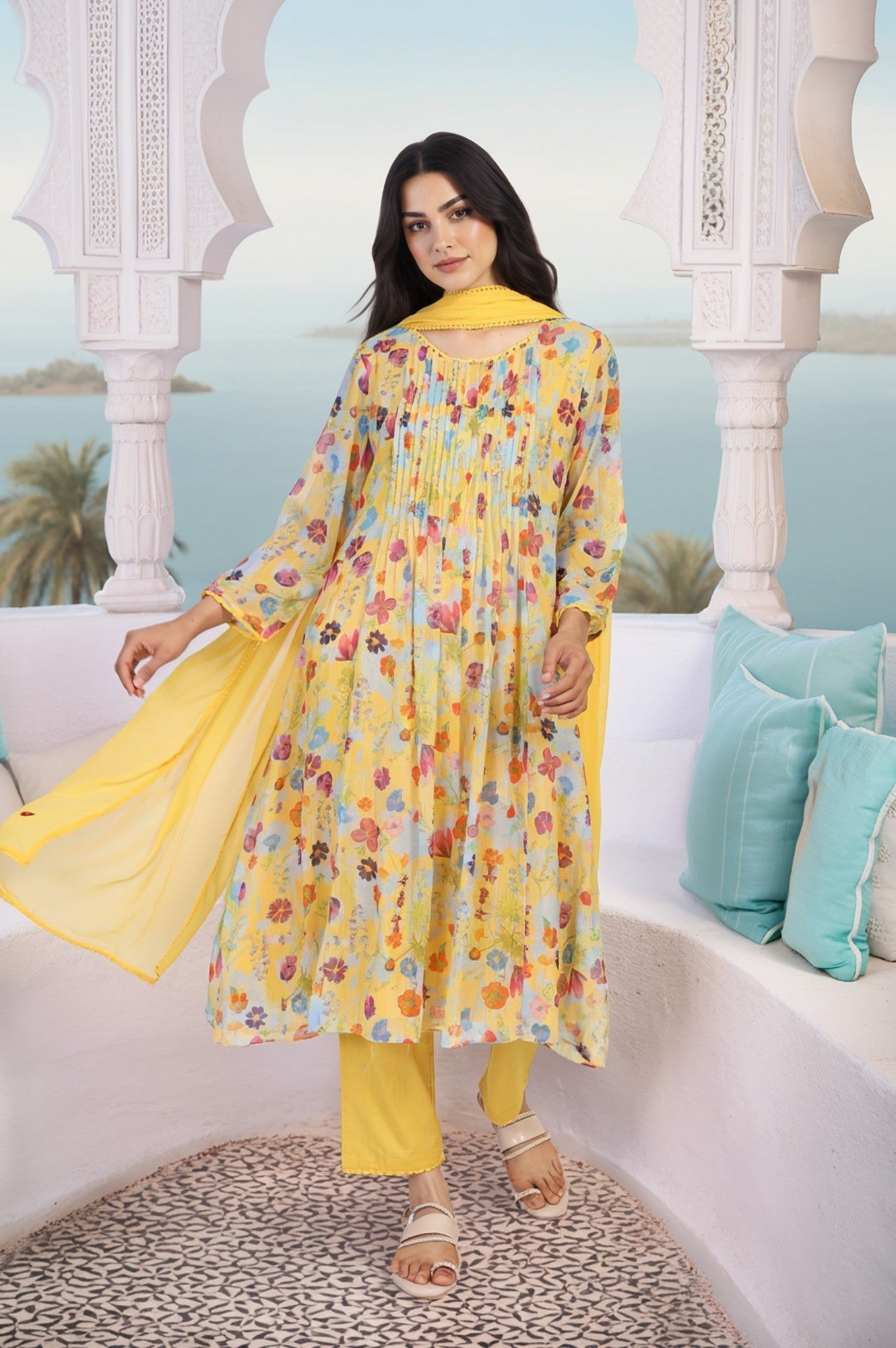 W for Woman Yellow Floral Print Lace Trim Flared Chiffon Kurta with Pant and Dupatta Set