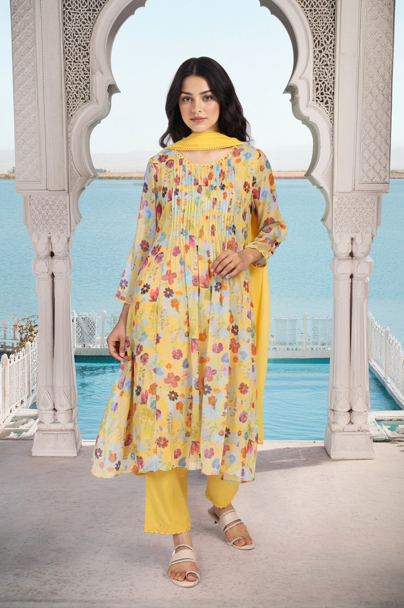 W for Woman Yellow Floral Print Lace Trim Flared Chiffon Kurta with Pant and Dupatta Set