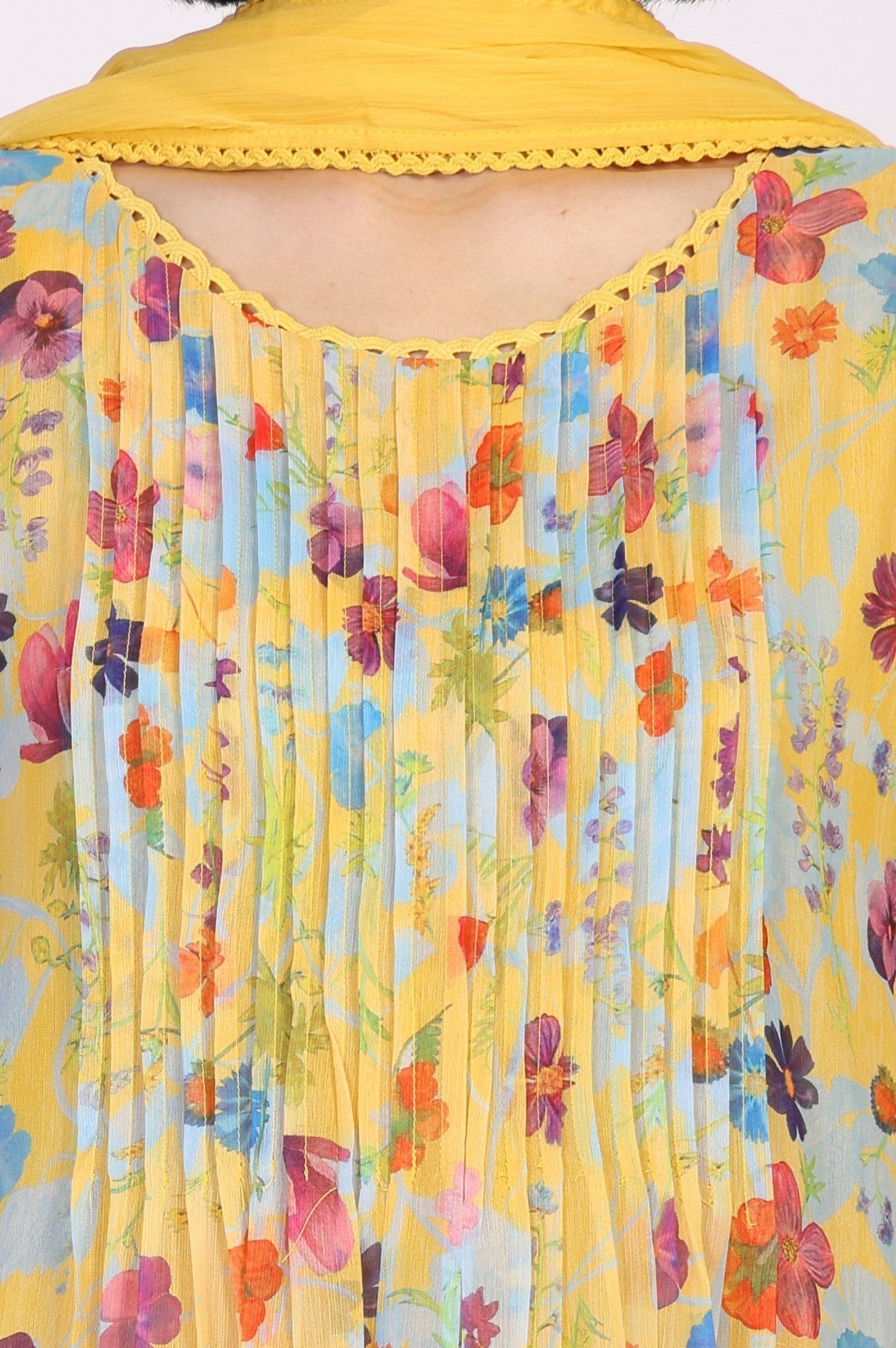 W for Woman Yellow Floral Print Lace Trim Flared Chiffon Kurta with Pant and Dupatta Set