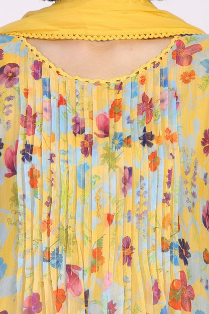 W for Woman Yellow Floral Print Lace Trim Flared Chiffon Kurta with Pant and Dupatta Set