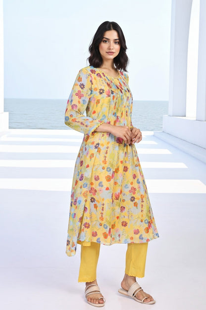 W for Woman Yellow Floral Print Lace Trim Flared Chiffon Kurta with Pant and Dupatta Set