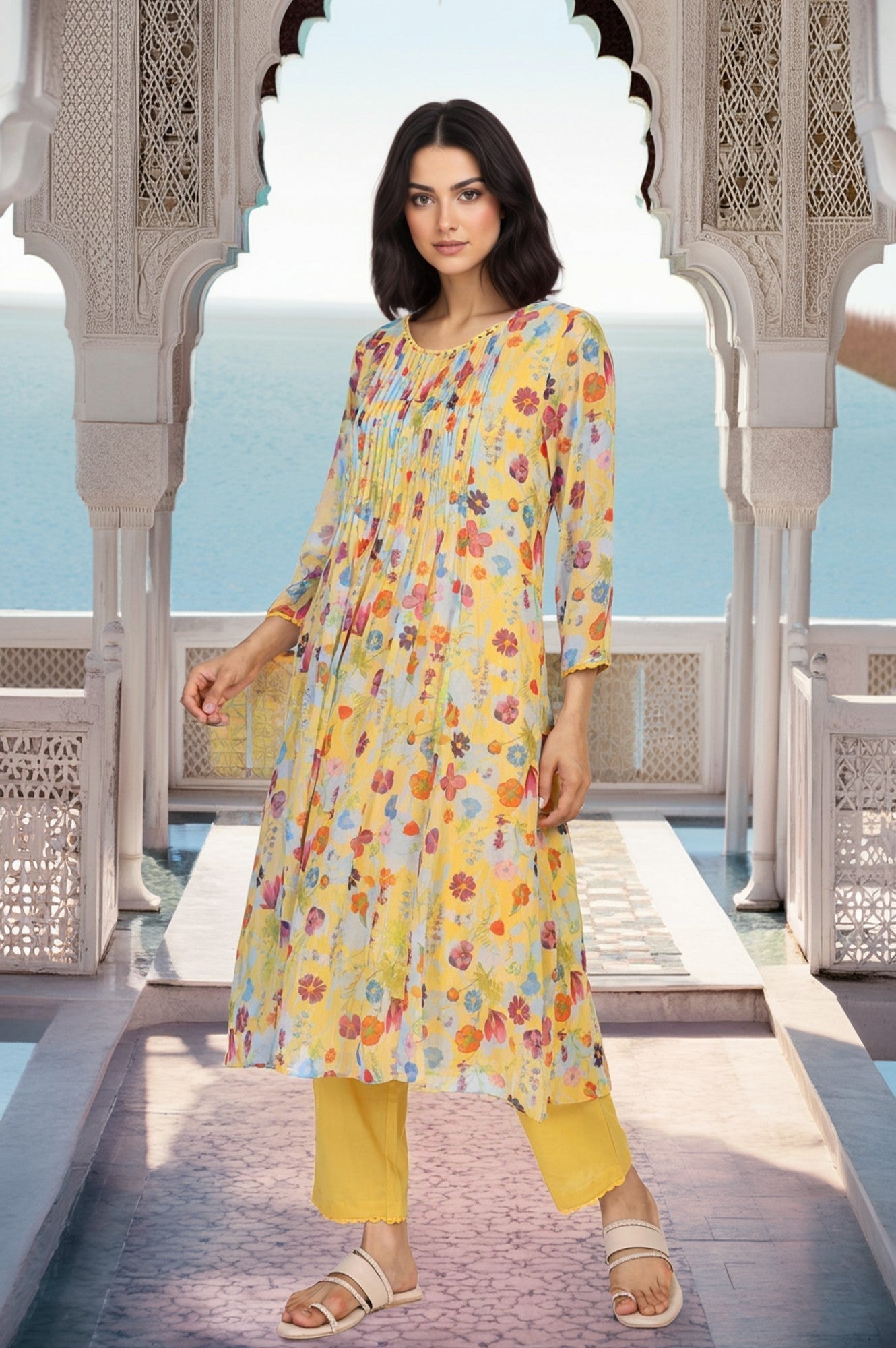 W for Woman Yellow Floral Print Lace Trim Flared Chiffon Kurta with Pant and Dupatta Set