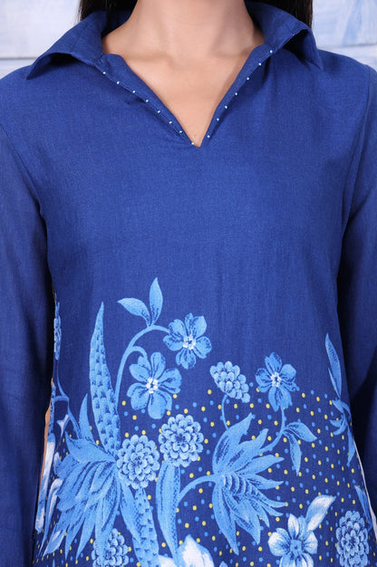 W for Woman Blue Floral Printed Beads Rayon Flax Straight Kurta And Straight Pant Set