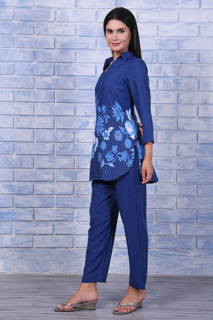 W for Woman Blue Floral Printed Beads Rayon Flax Straight Kurta And Straight Pant Set
