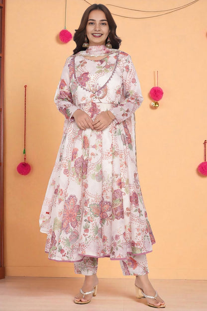 W for Woman Ecru Printed Chanderi Flared Kurta, Straight Pant and Dupatta Set
