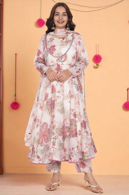 W for Woman Ecru Printed Chanderi Flared Kurta, Straight Pant and Dupatta Set