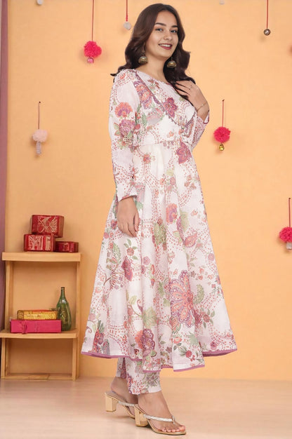 W for Woman Ecru Printed Chanderi Flared Kurta, Straight Pant and Dupatta Set