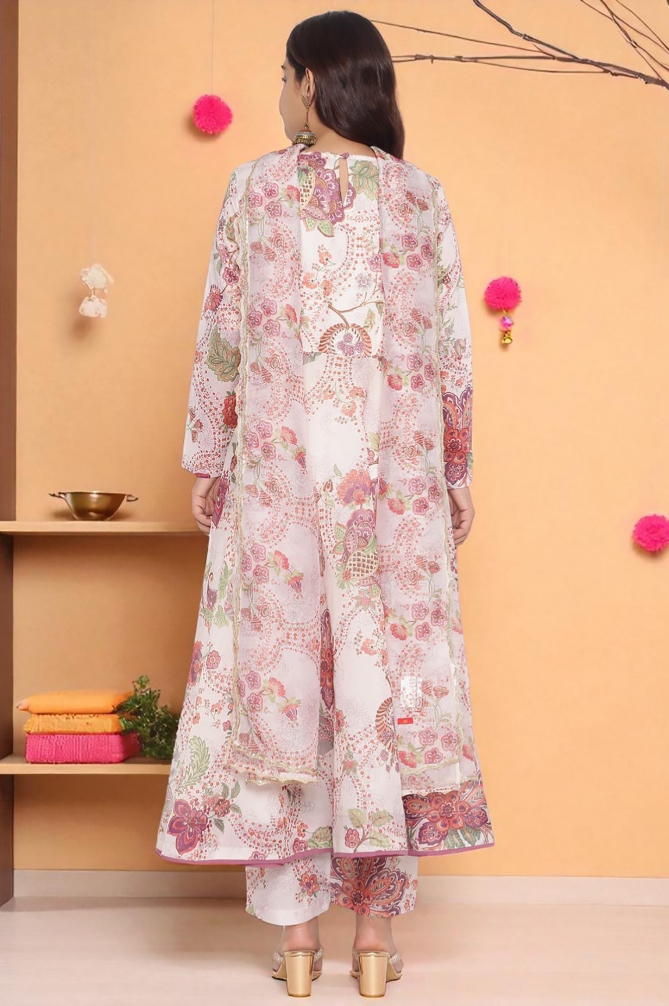W for Woman Ecru Printed Chanderi Flared Kurta, Straight Pant and Dupatta Set