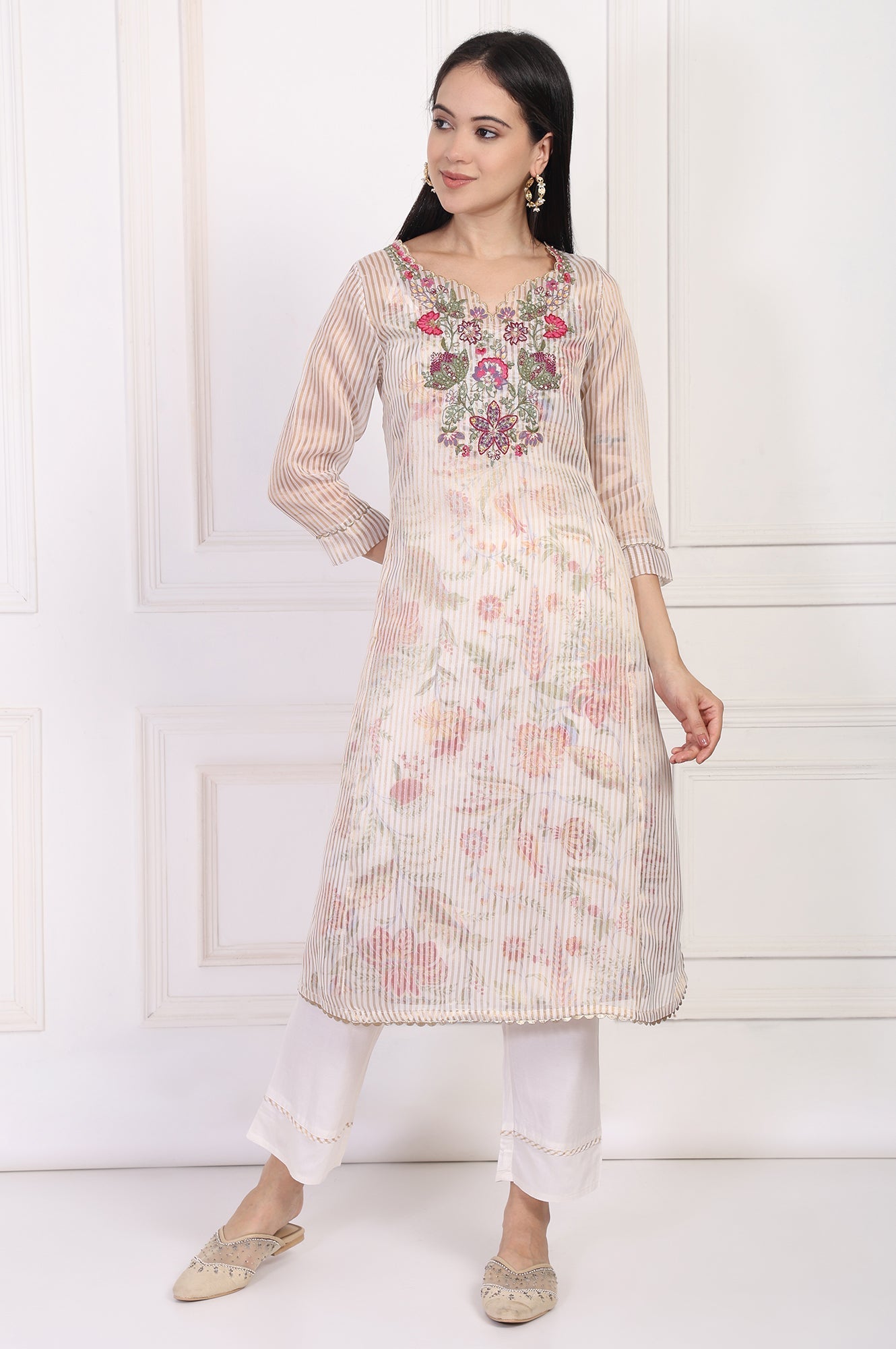 W for Woman Off-White Embroidered Straight Tissue Kurta with Straight Pant Set