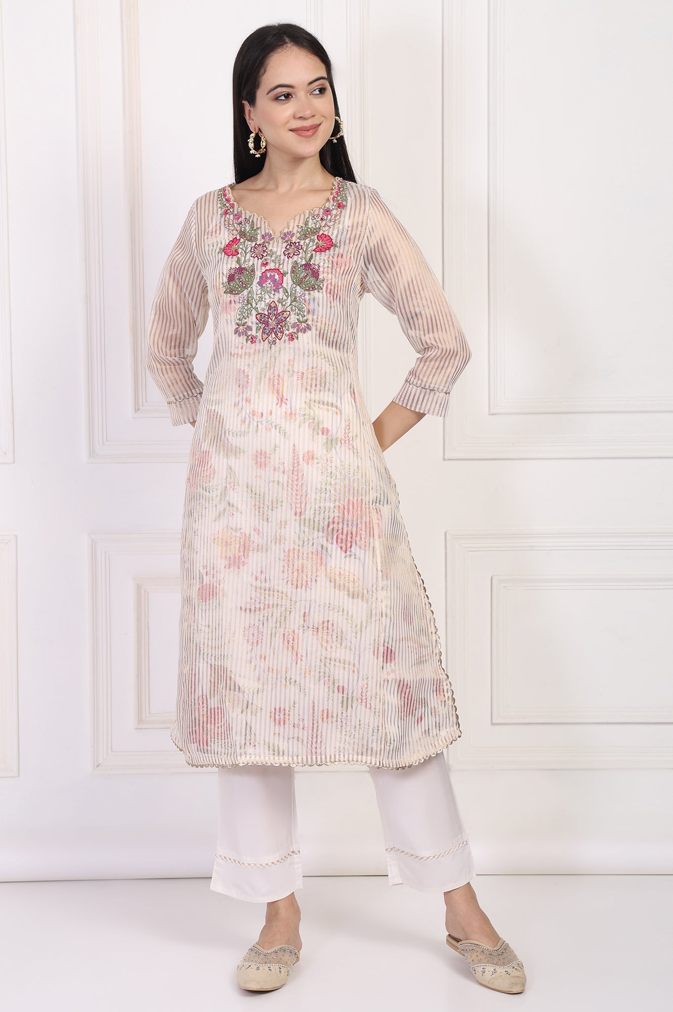 W for Woman Off-White Embroidered Straight Tissue Kurta with Straight Pant Set