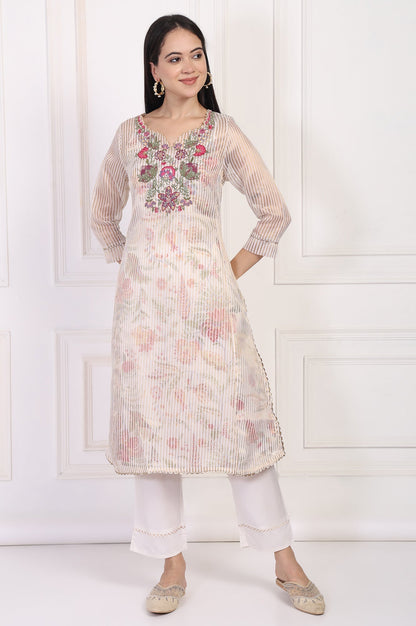W for Woman Off-White Embroidered Straight Tissue Kurta with Straight Pant Set