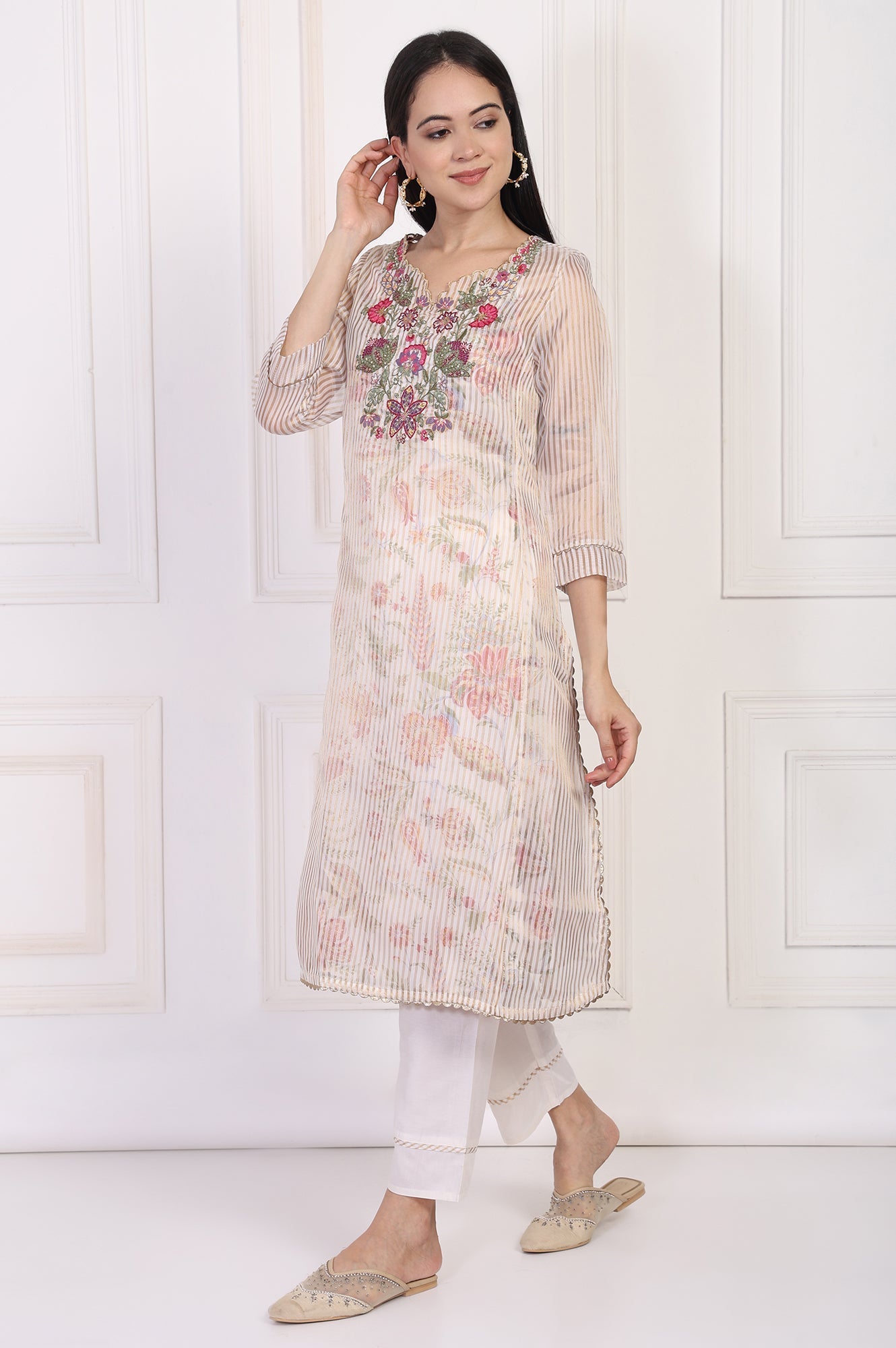 W for Woman Off-White Embroidered Straight Tissue Kurta with Straight Pant Set