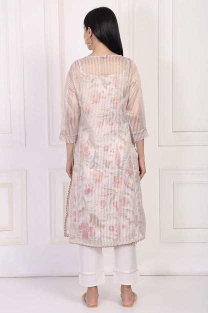 W for Woman Off-White Embroidered Straight Tissue Kurta with Straight Pant Set