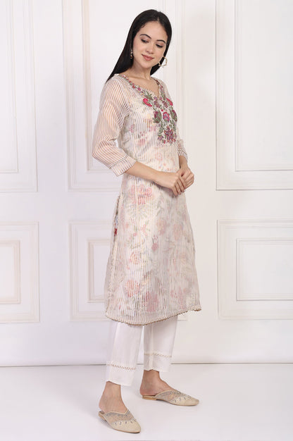 W for Woman Off-White Embroidered Straight Tissue Kurta with Straight Pant Set