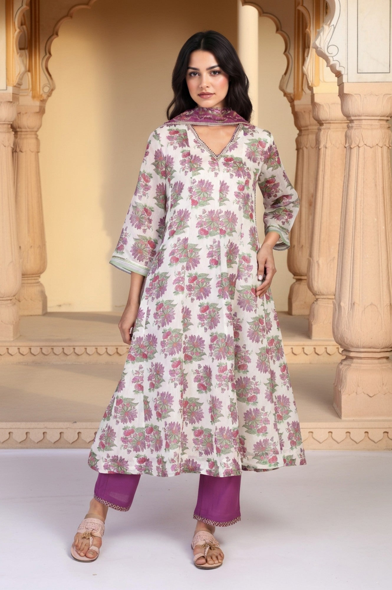 W for Woman Beige Floral Print Sequined Flared Chanderi Kurta with Pant and Dupatta Set