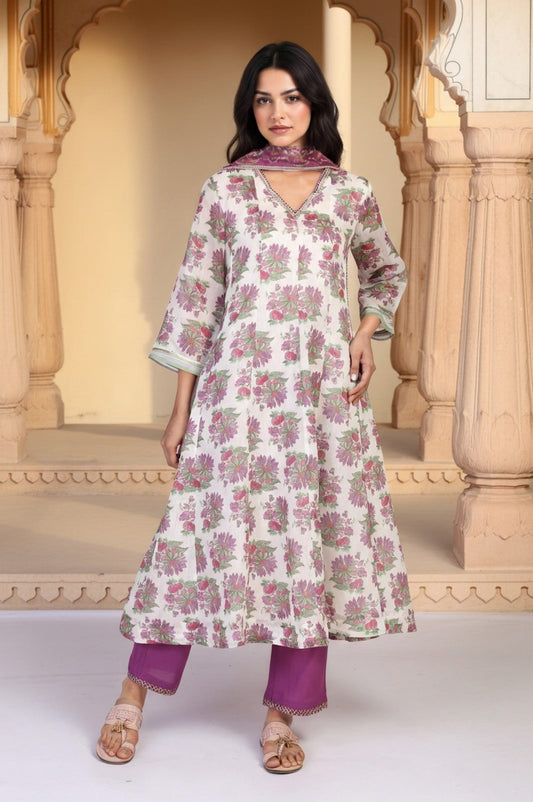 W for Woman Beige Floral Print Sequined Flared Chanderi Kurta with Pant and Dupatta Set