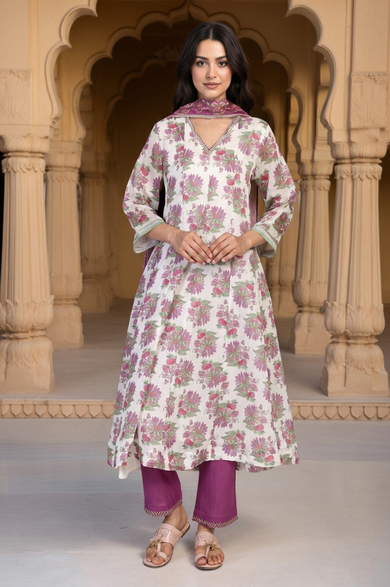 W for Woman Beige Floral Print Sequined Flared Chanderi Kurta with Pant and Dupatta Set