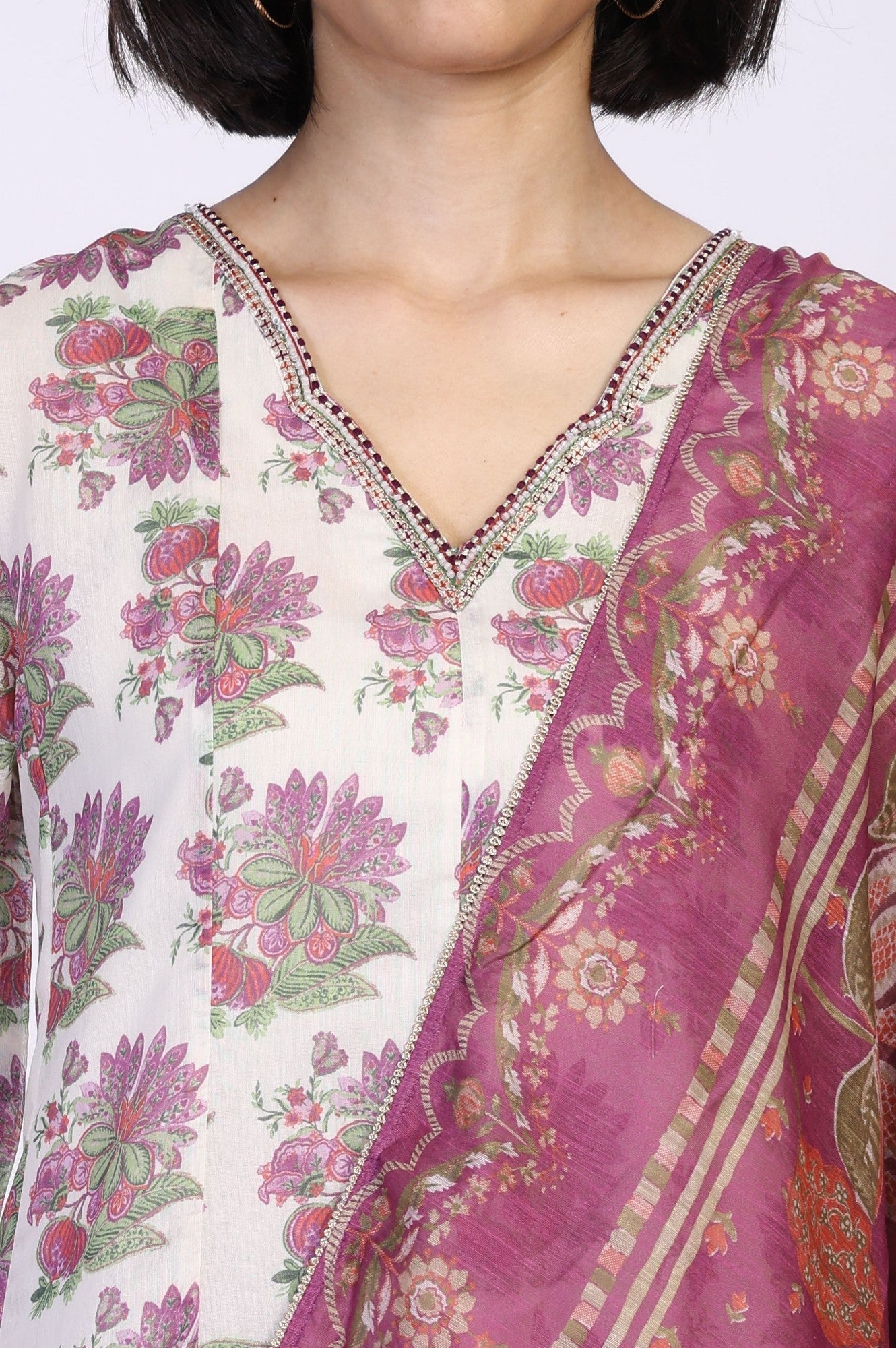 W for Woman Beige Floral Print Sequined Flared Chanderi Kurta with Pant and Dupatta Set